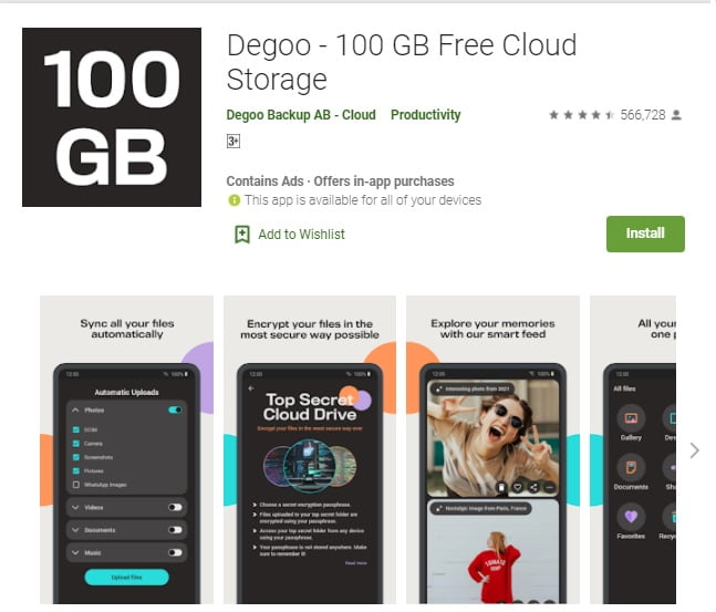 Degoo online storage app